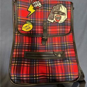 Disney Red Plaid Backpack with Fun Patches
